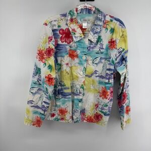 Coldwater Creek Womens XL Button Up Cottagecore Lighthouse Floral Sailboat Print